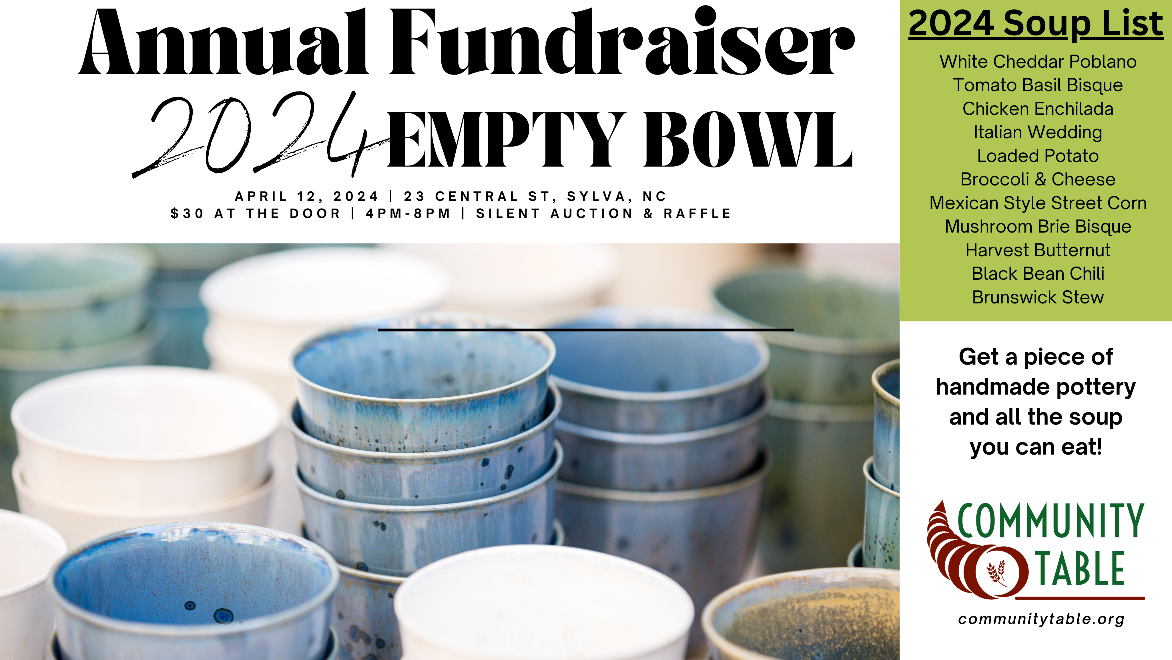 Community Table Fundraiser - Empty Bowl 2024 - Friday April 12, 2024, 4pm-8pm, 23 Central St, Sylva, NC - $30 at the door