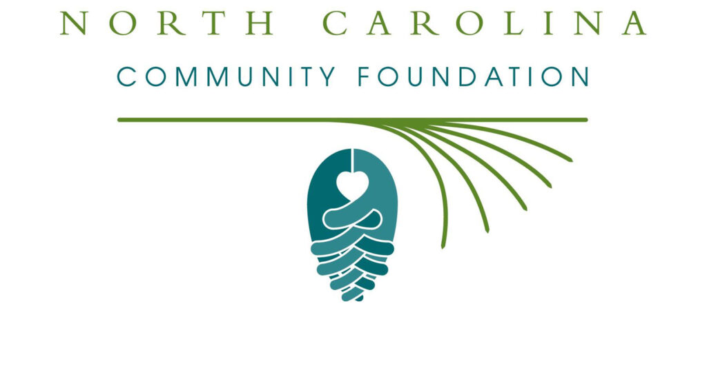 Logo for North Carolina Community Foundation: White background with the with the organization name across the top in green and tan, and a stylized pinecone and tassel beneath in green. The pinecone is made up of two clasped hands.
