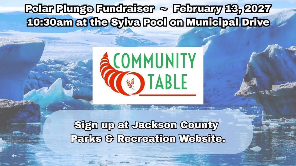 Polar Plunge Fundraiser notice on a blue and white Iceburg background. Date: February 13, 2026 at 10:30am. Notice that signups will be at Jackson County Park and Recreation Website.